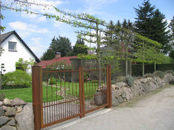 Tilia Spalier Linden, Natursteinmauer mit rostigem Tor